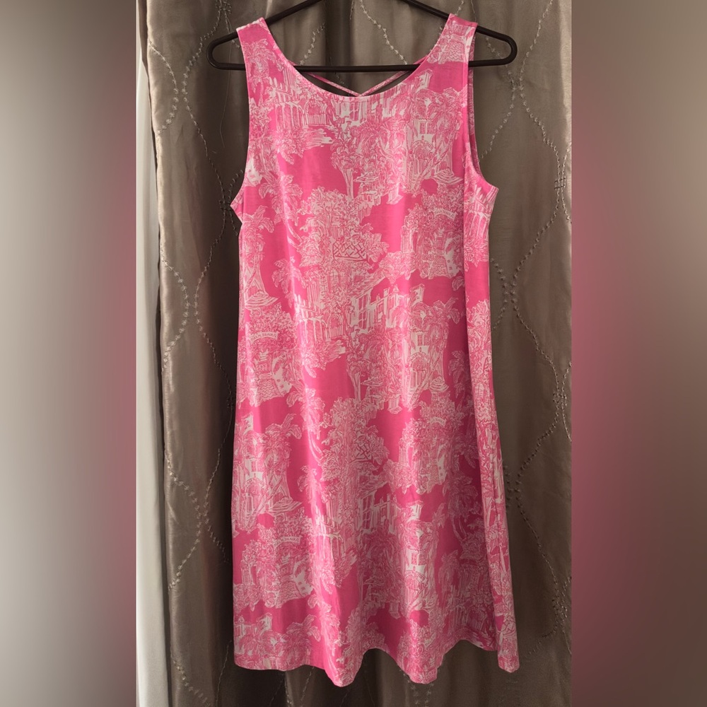 Pink Lilly Pulitzer Sleeveless Shift Dress with White Scenic Print size M